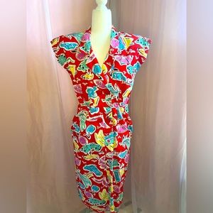 90s Retro Sleeveless Novelty Print 100% Cotton Colors Midi Dress w Pockets BB126